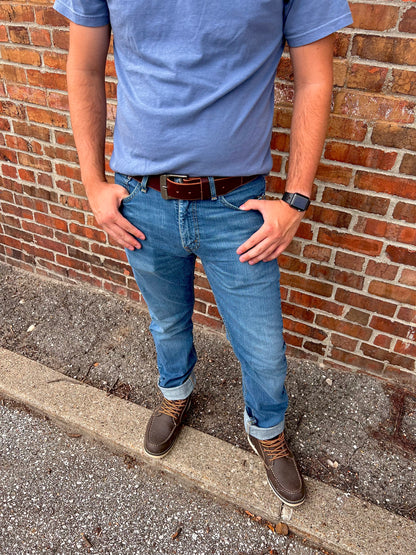 Trailblazer leather belt with vintage silver hardware. 

Simple. Rugged. Dependable.