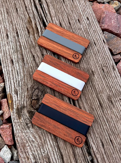 Wood front pocket Nomad wallet offered in three colors, black, whites and gray. 